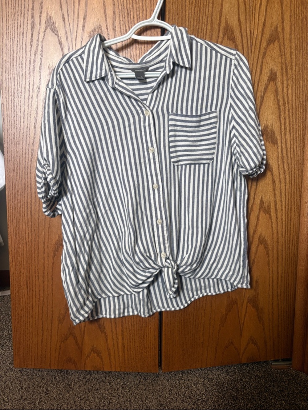 Eddie Bauer Blue and White Striped Button-Front Tie-Hem Shirt